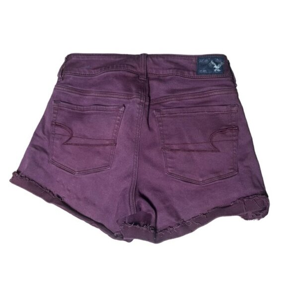 American Eagle 4 Hi-Rise Shortie Denim Stretch Shorts Burgundy Summer Boho Beach - Picture 3 of 5